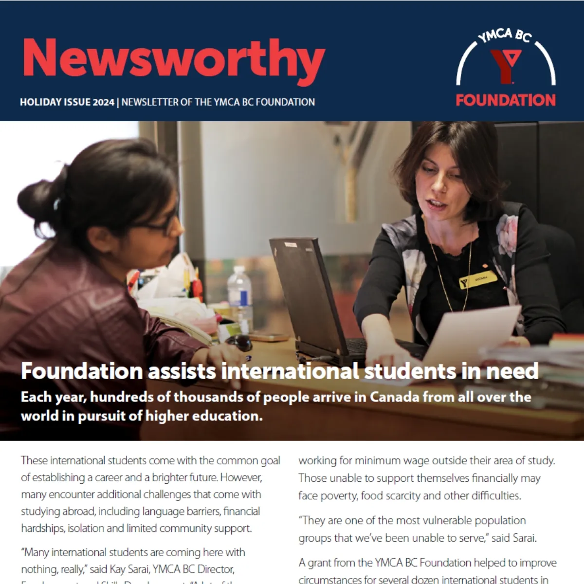 The cover page of the Holiday 2024 issue of the YMCA BC Foundation's newsletter, Newsworthy.