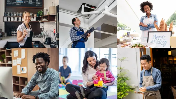 A collage of young adults at work, including a barista, a plumber, a baker, a server, a child care worker and an office worker.