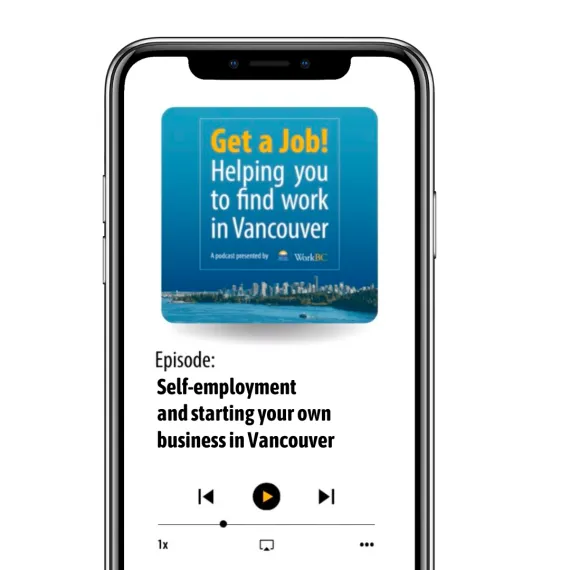 A mobile device playing the self-employment podcast episode referenced on the Self Employment Program page