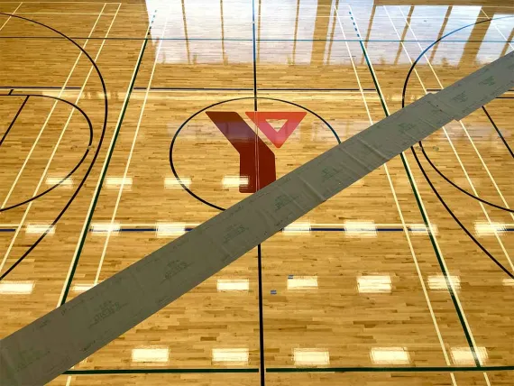 Centre court of the basketball gymnasium at the Bettie Allard YMCA