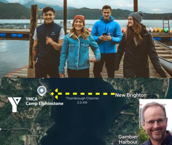 Four adults smiling on the dock at Camp Elphinstone above; a map of the Thornbrough Channel below