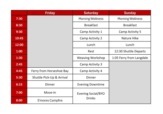 A sample schedule of Women's Weekend activities