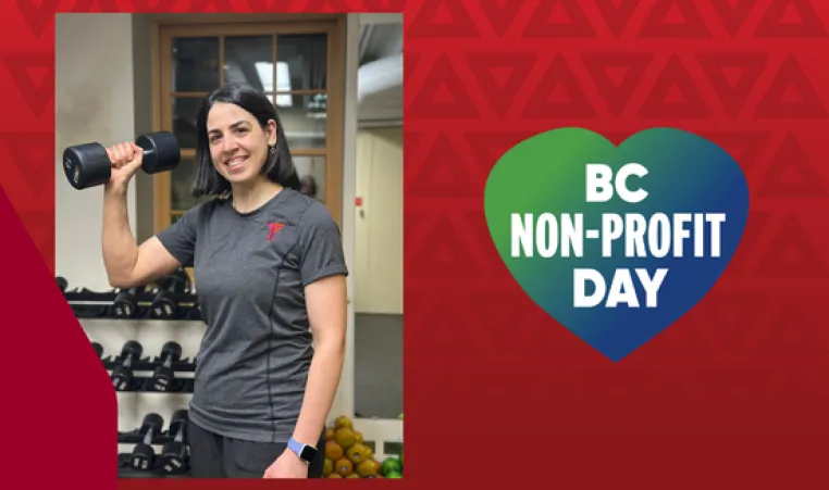 A woman in a gray T-shirt lifts a dumbbell in a gym, smiling confidently. Behind her are more weights. A “BC Non-Profit Day” logo is in the top right.