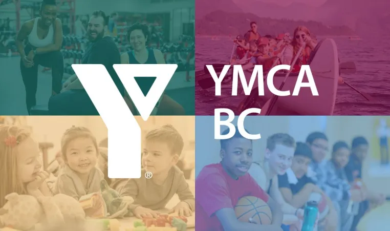 A collage of tinted images depicting YMCA programs and services with a YMCA BC logo overlaid